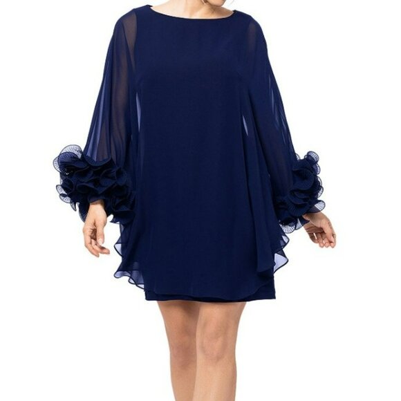 Xscape Navy Blue Dress Size 22W Ruffle Sleeve Sheer Overlay Evening Gown - Picture 1 of 8